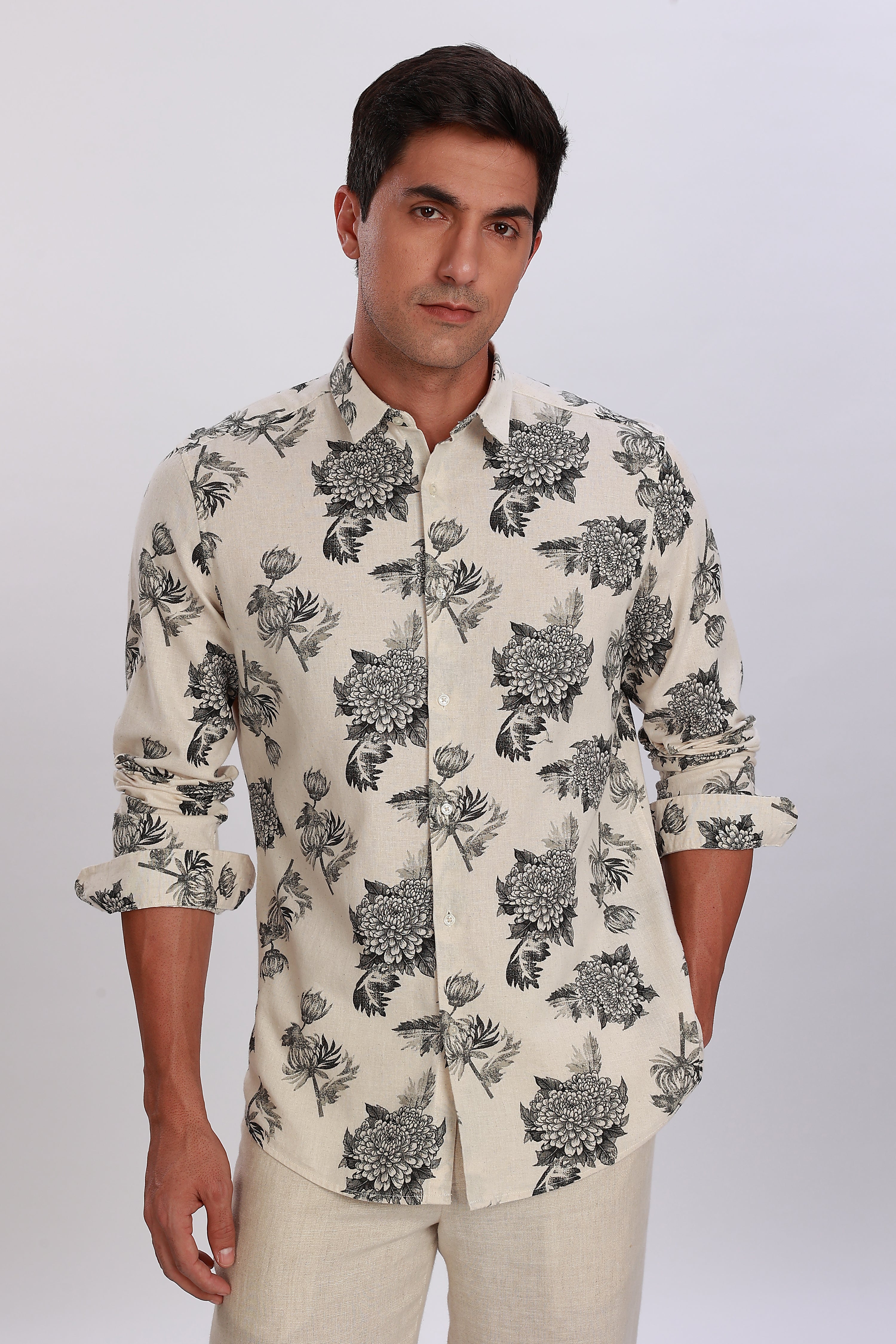 Printed Linen Off White Shirt