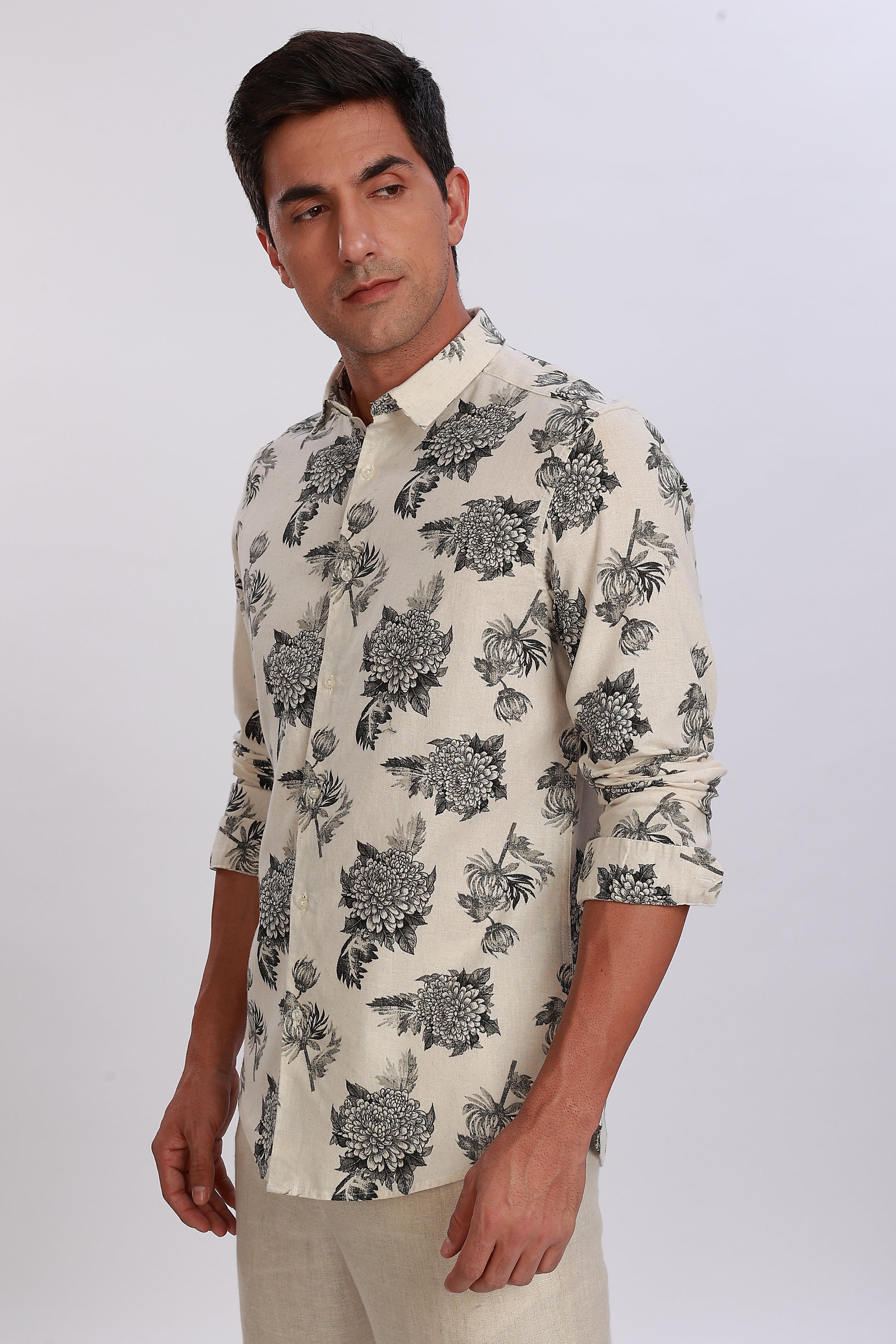 Printed Linen Off White Shirt