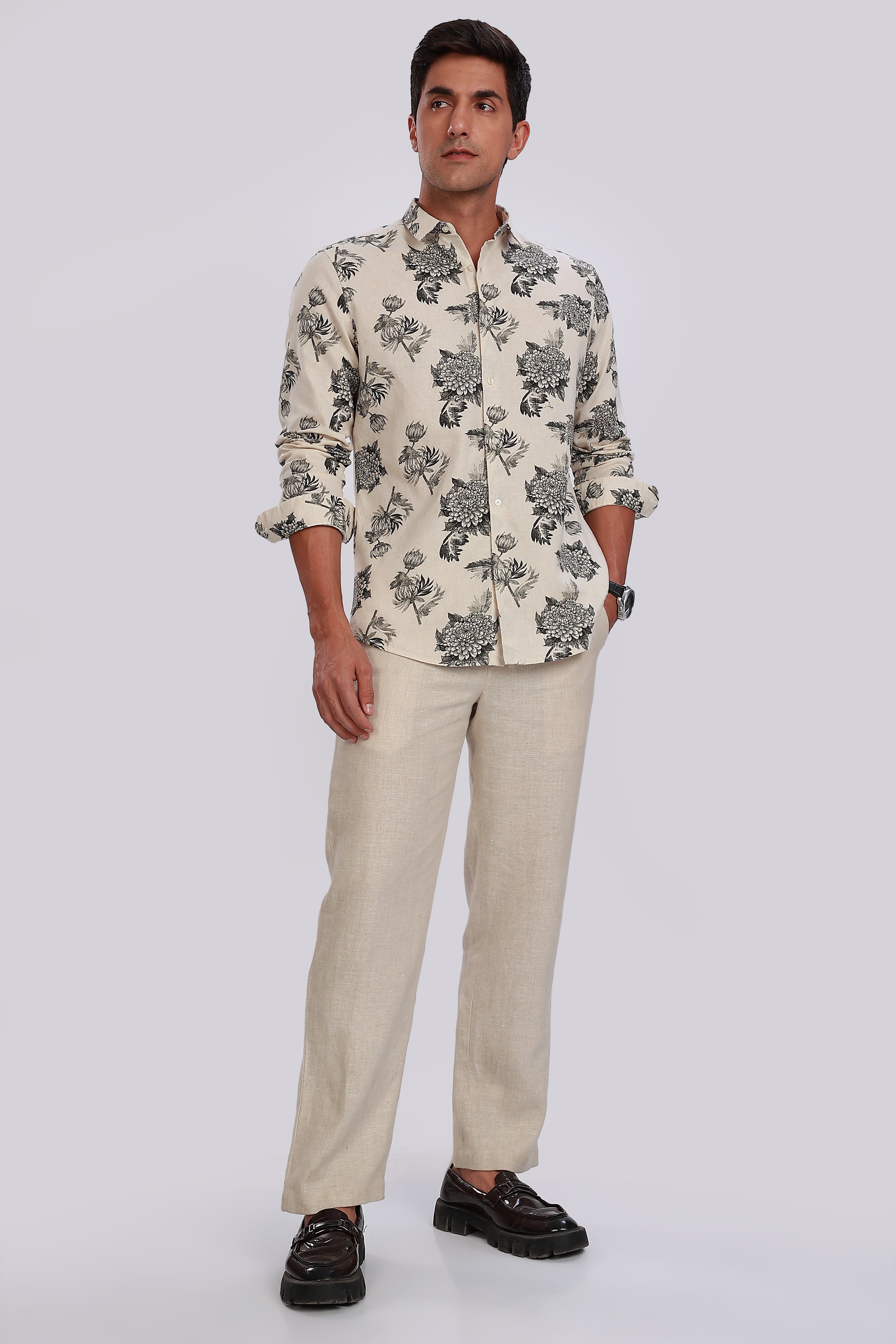 Printed Linen Off White Shirt