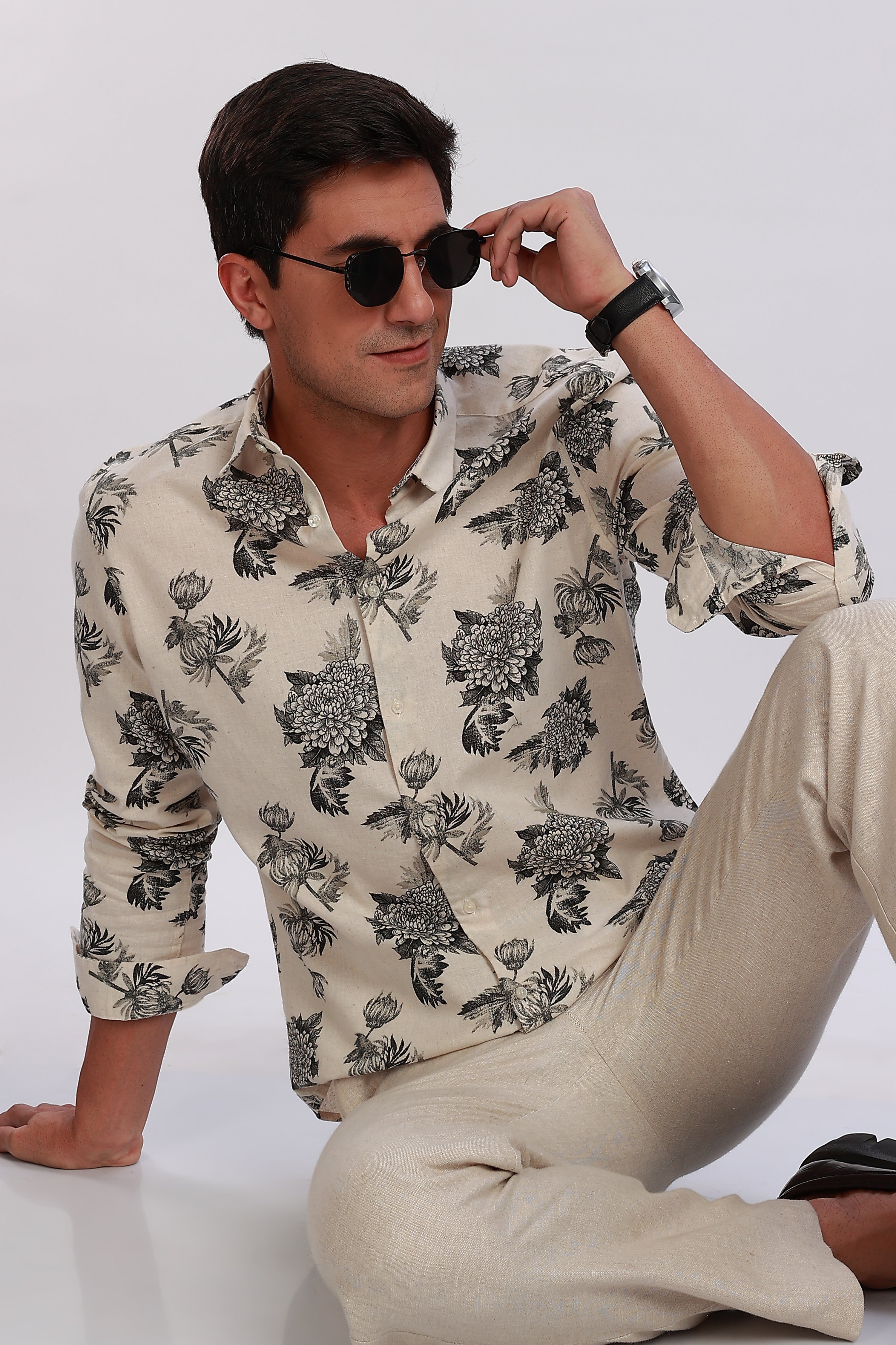 Printed Linen Off White Shirt