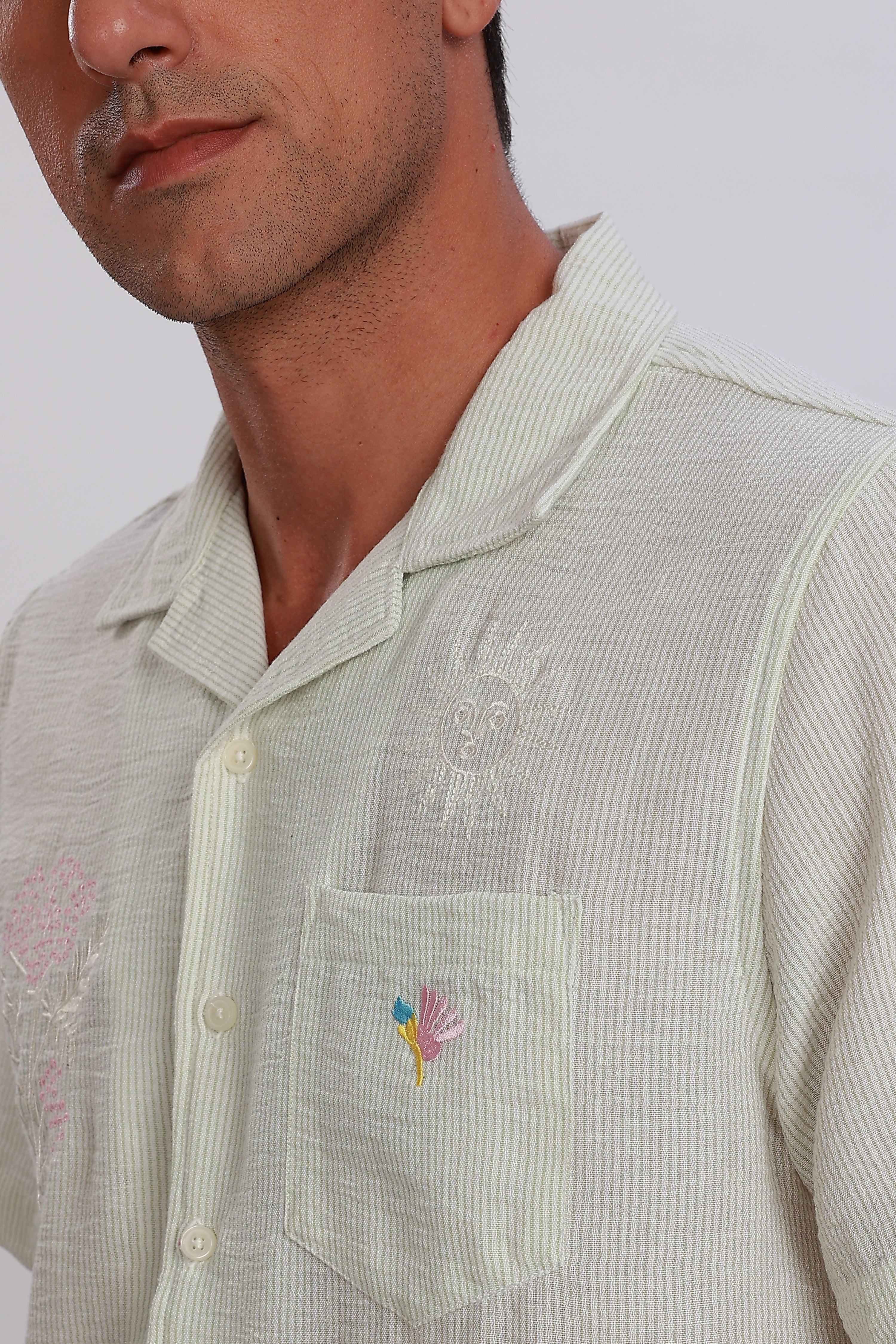 Embroidered Linen Striped Lime Green Shirt