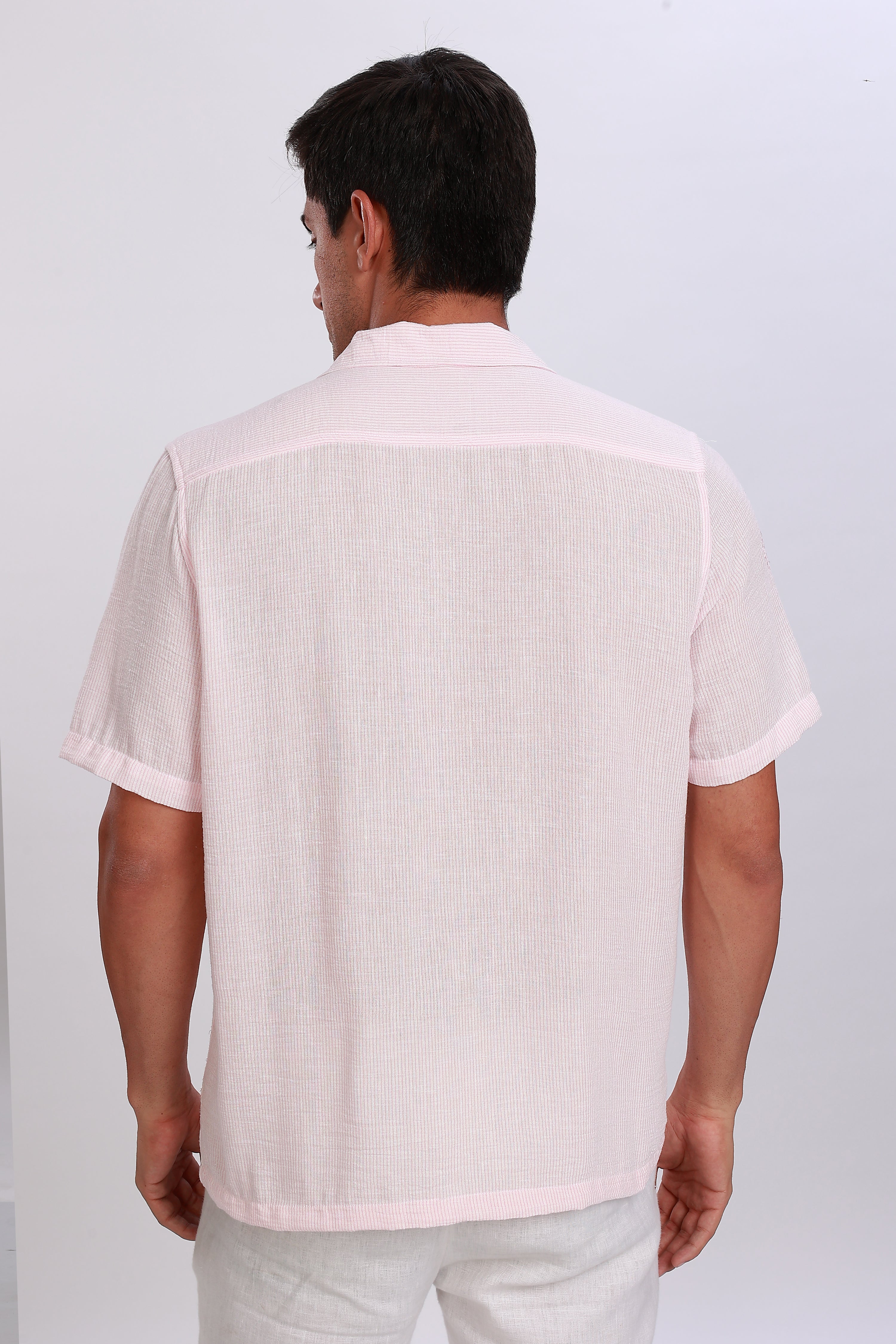 Embroidered Linen Striped Pink Shirt