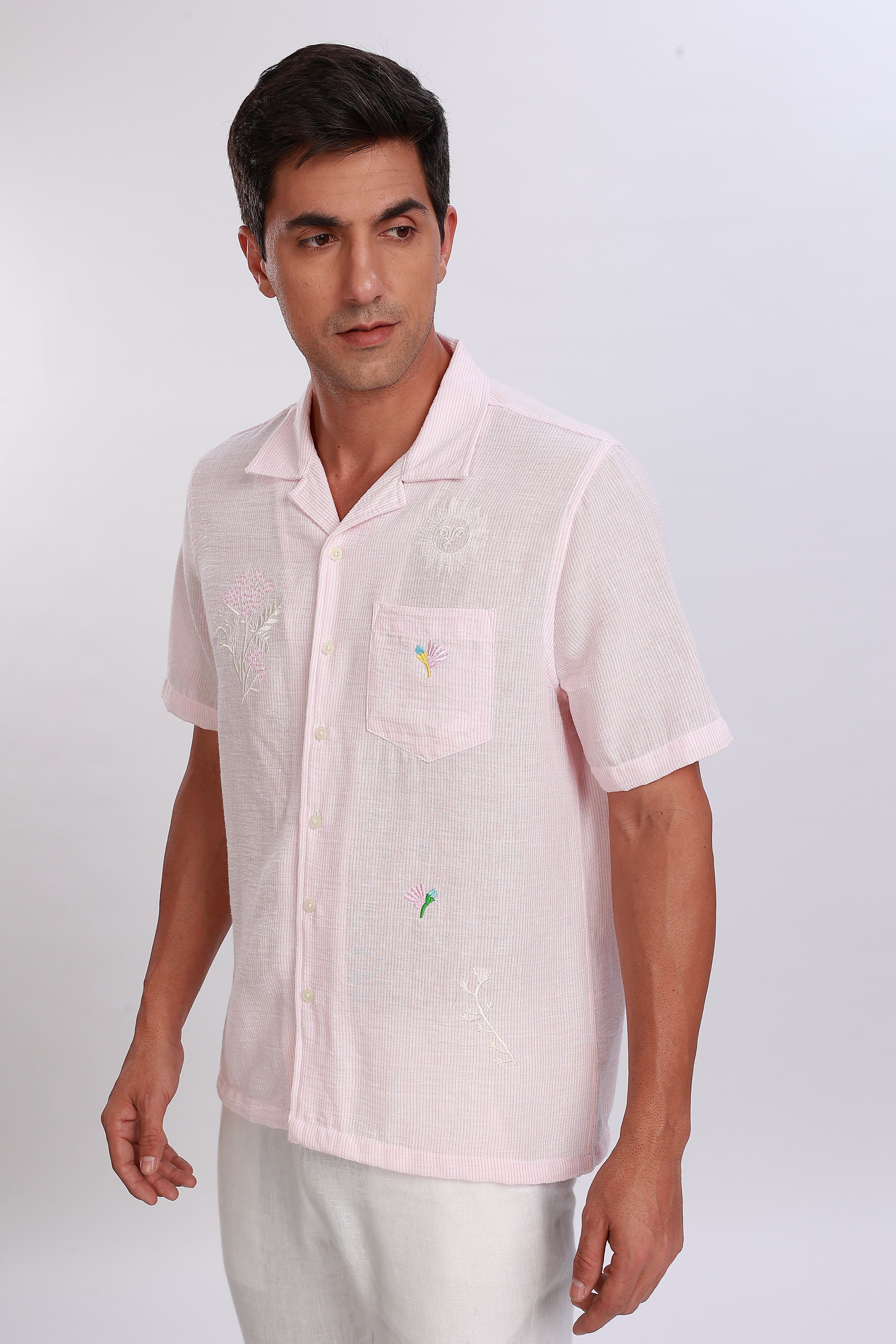 Embroidered Linen Striped Pink Shirt