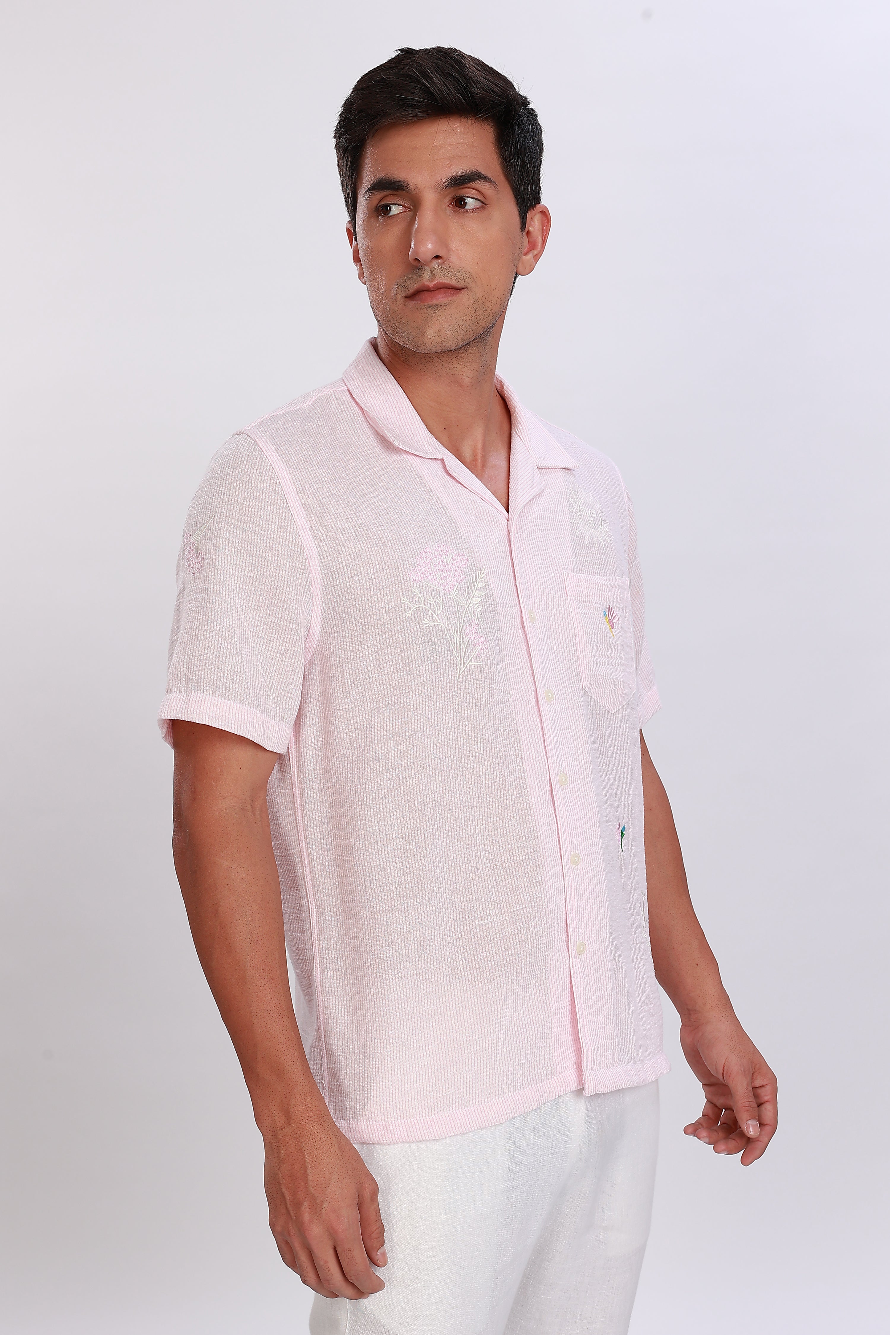 Embroidered Linen Striped Pink Shirt