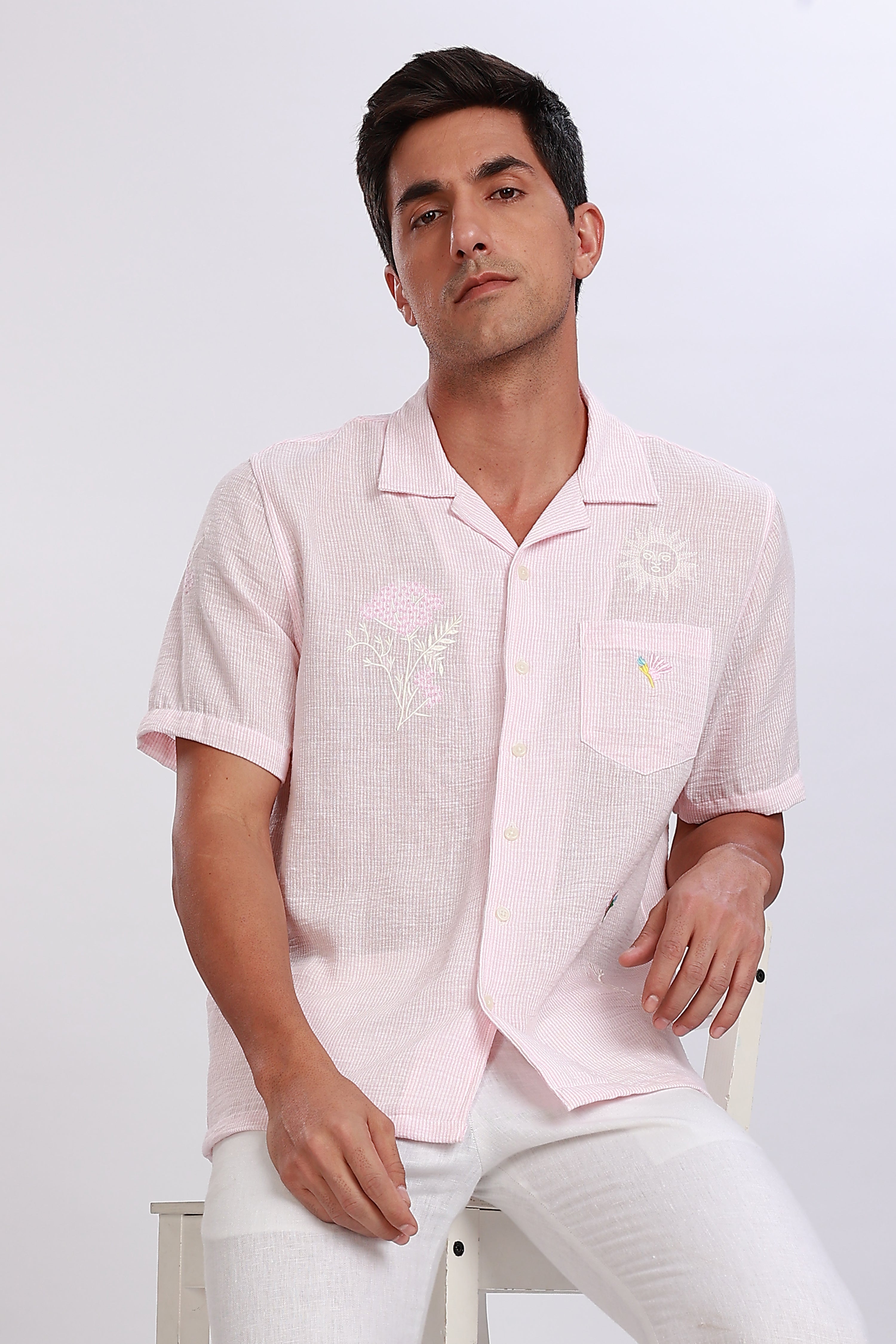 Embroidered Linen Striped Pink Shirt