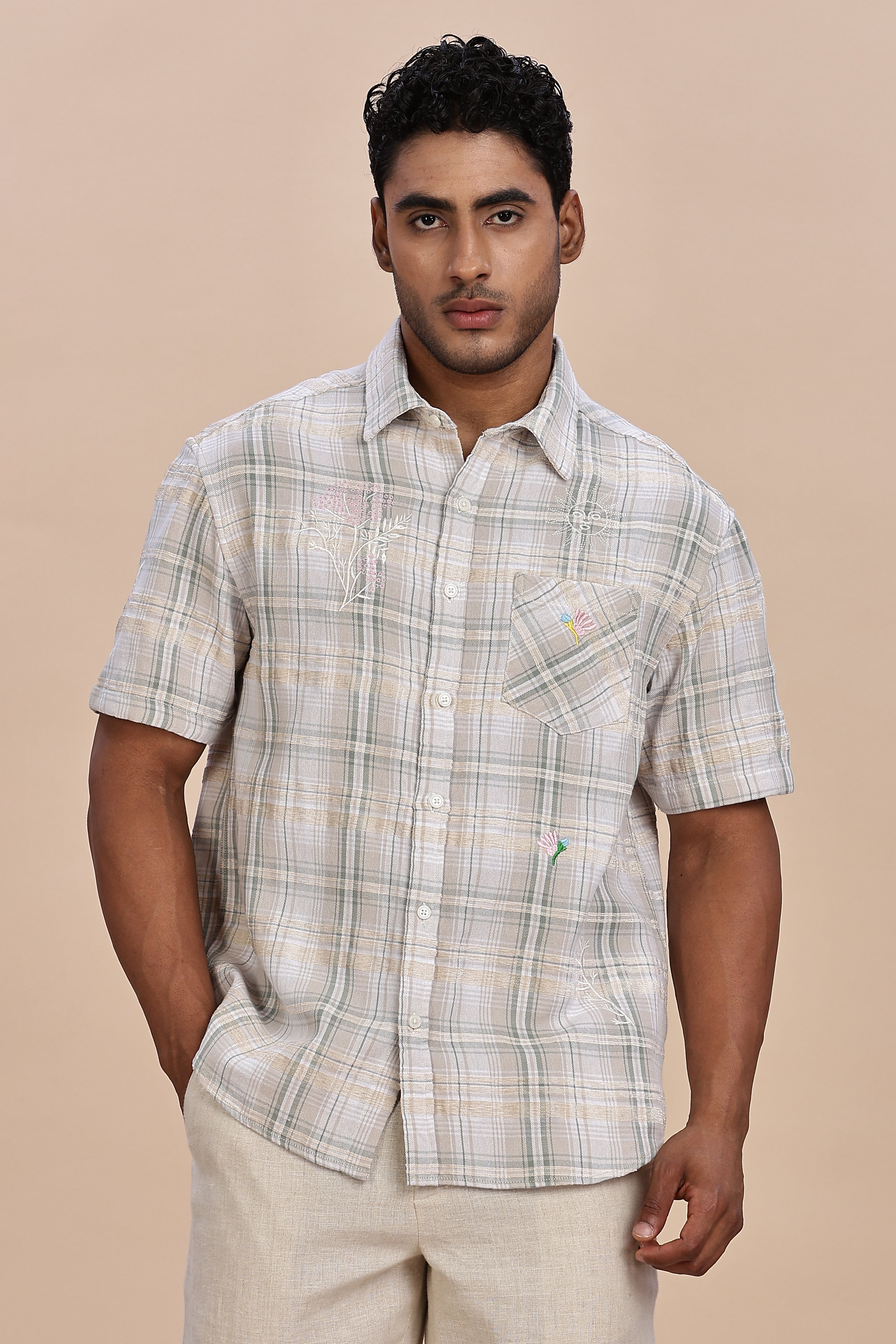 Embroidered Plaid Beige Shirt