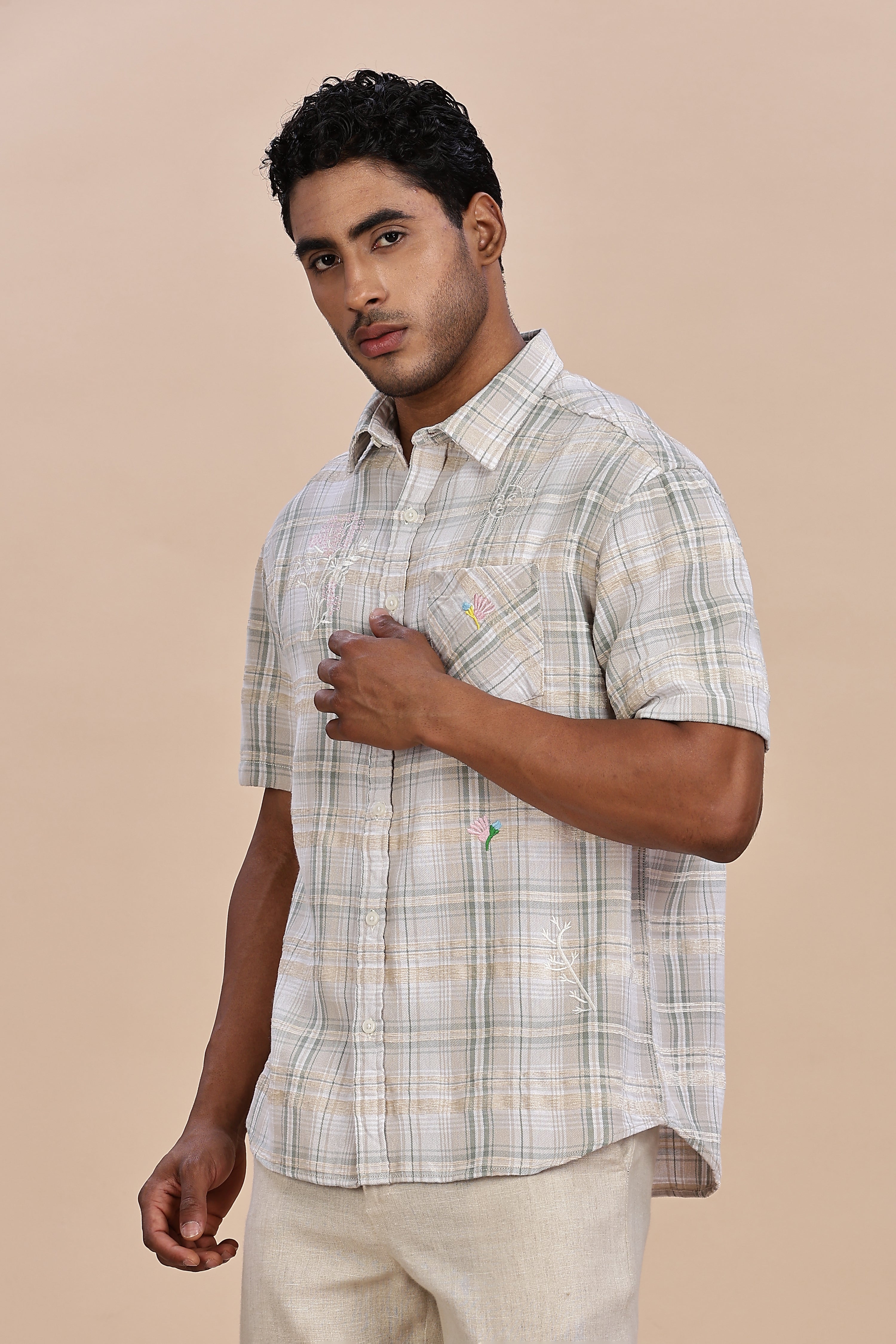 Embroidered Plaid Beige Shirt