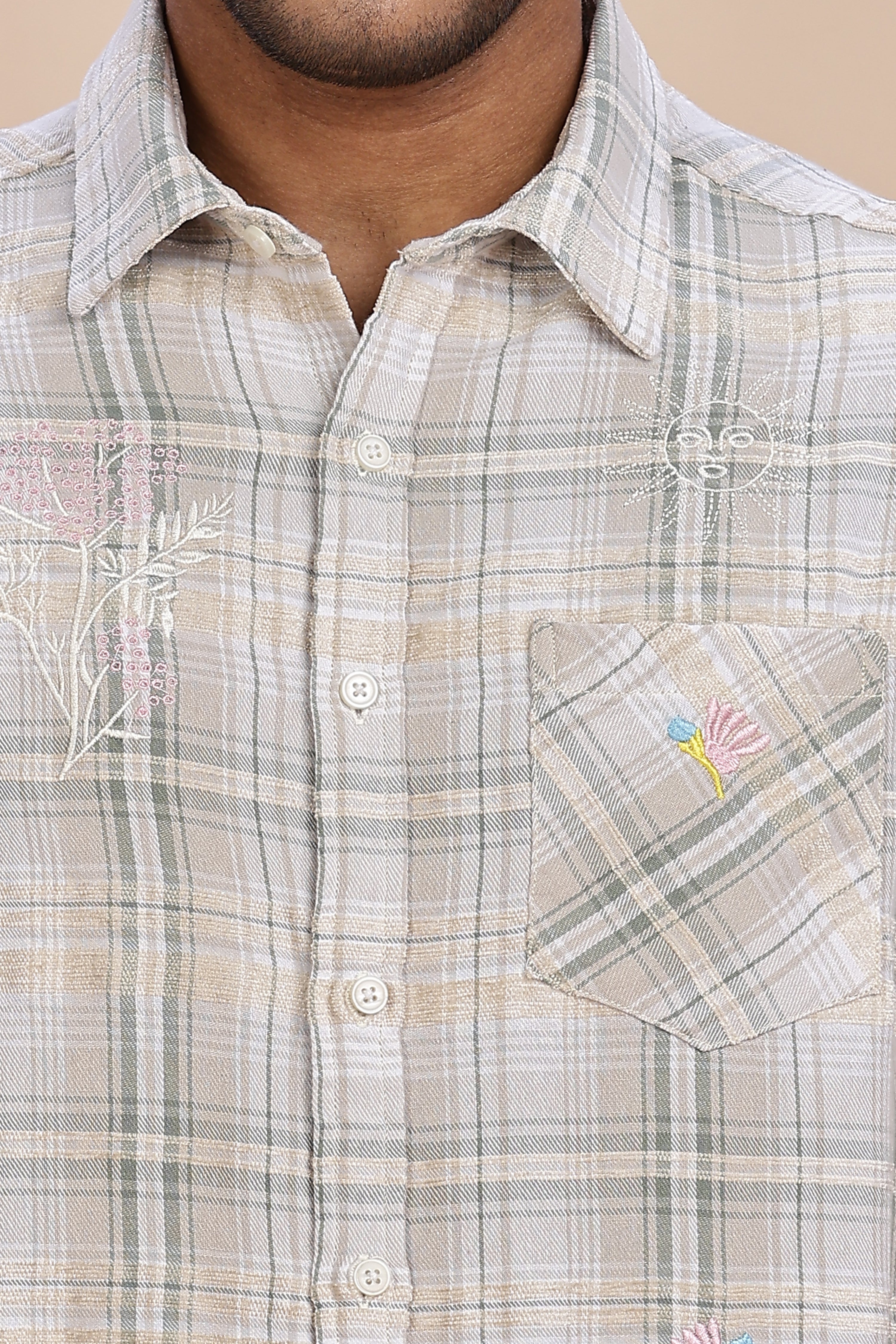 Embroidered Plaid Beige Shirt