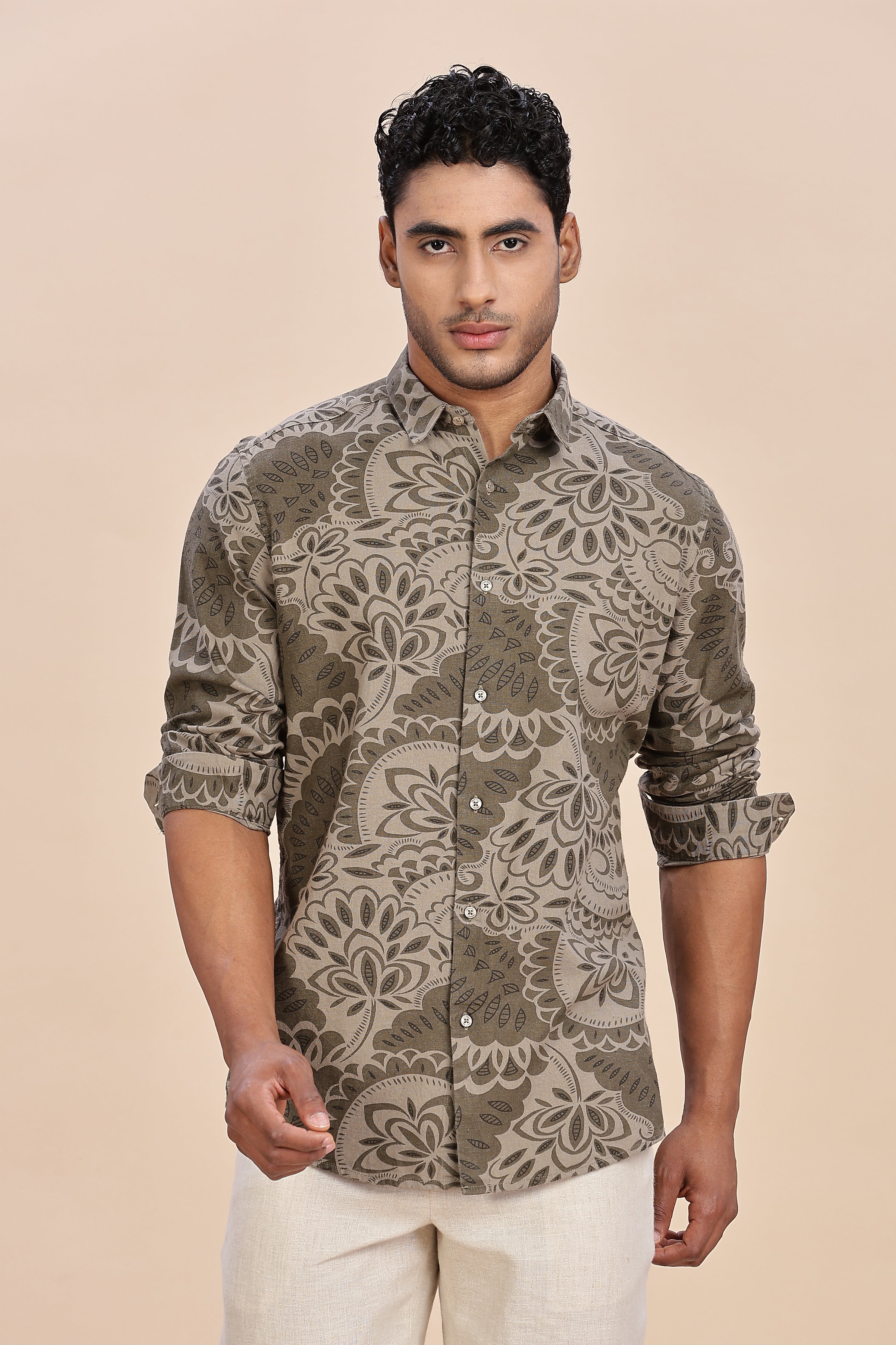 Printed Linen Olive Shirt