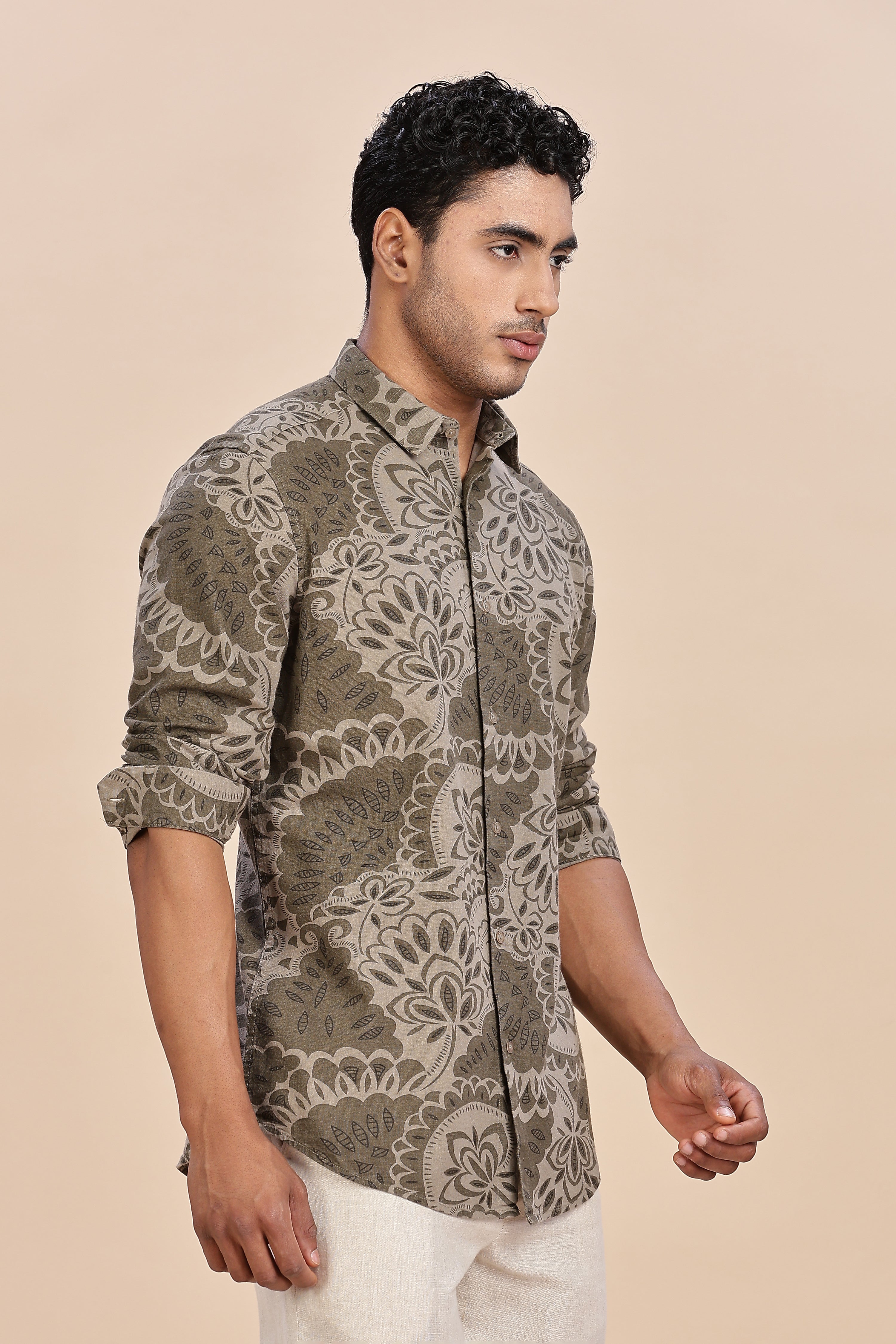 Printed Linen Olive Shirt