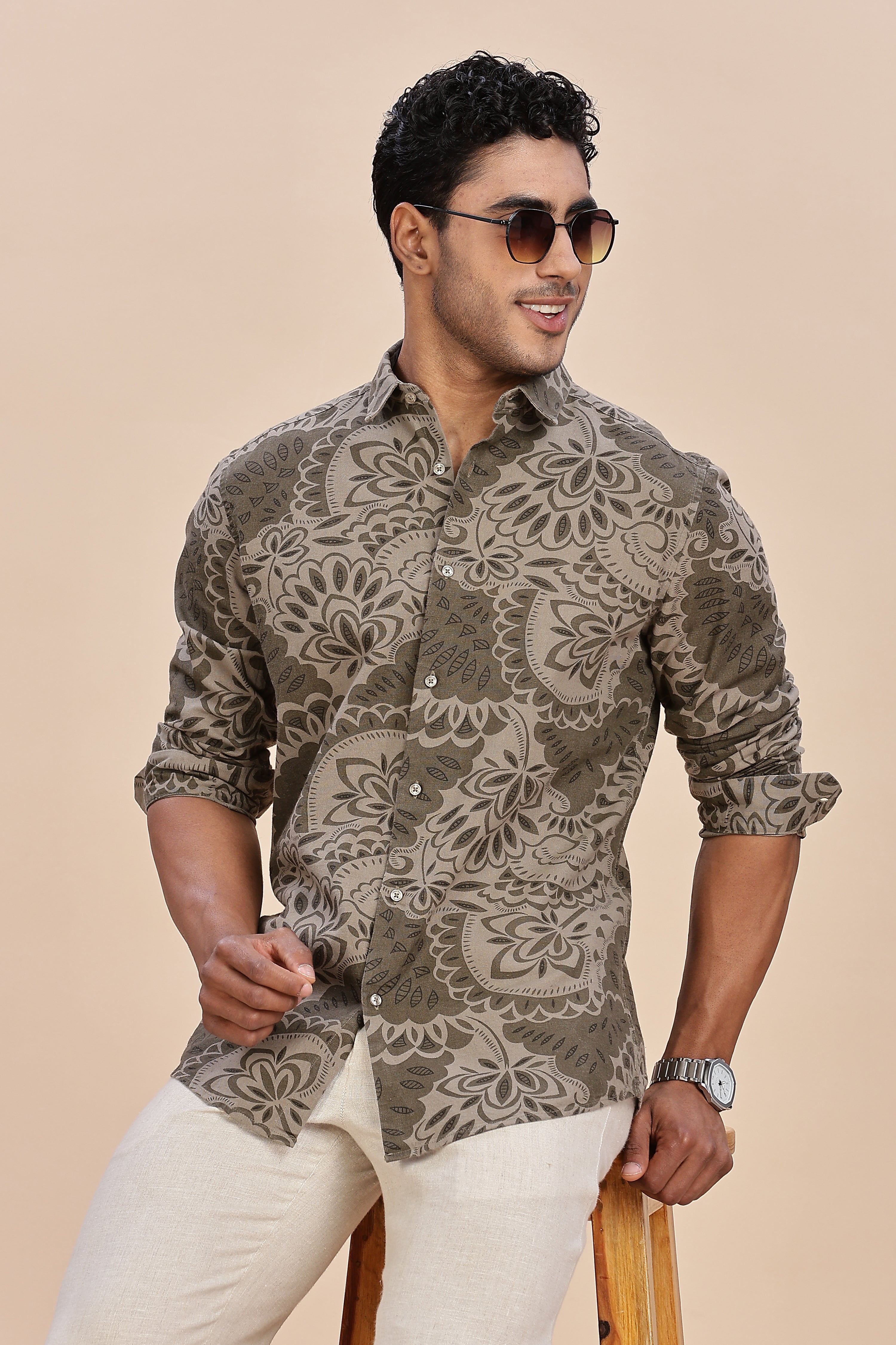 Printed Linen Olive Shirt