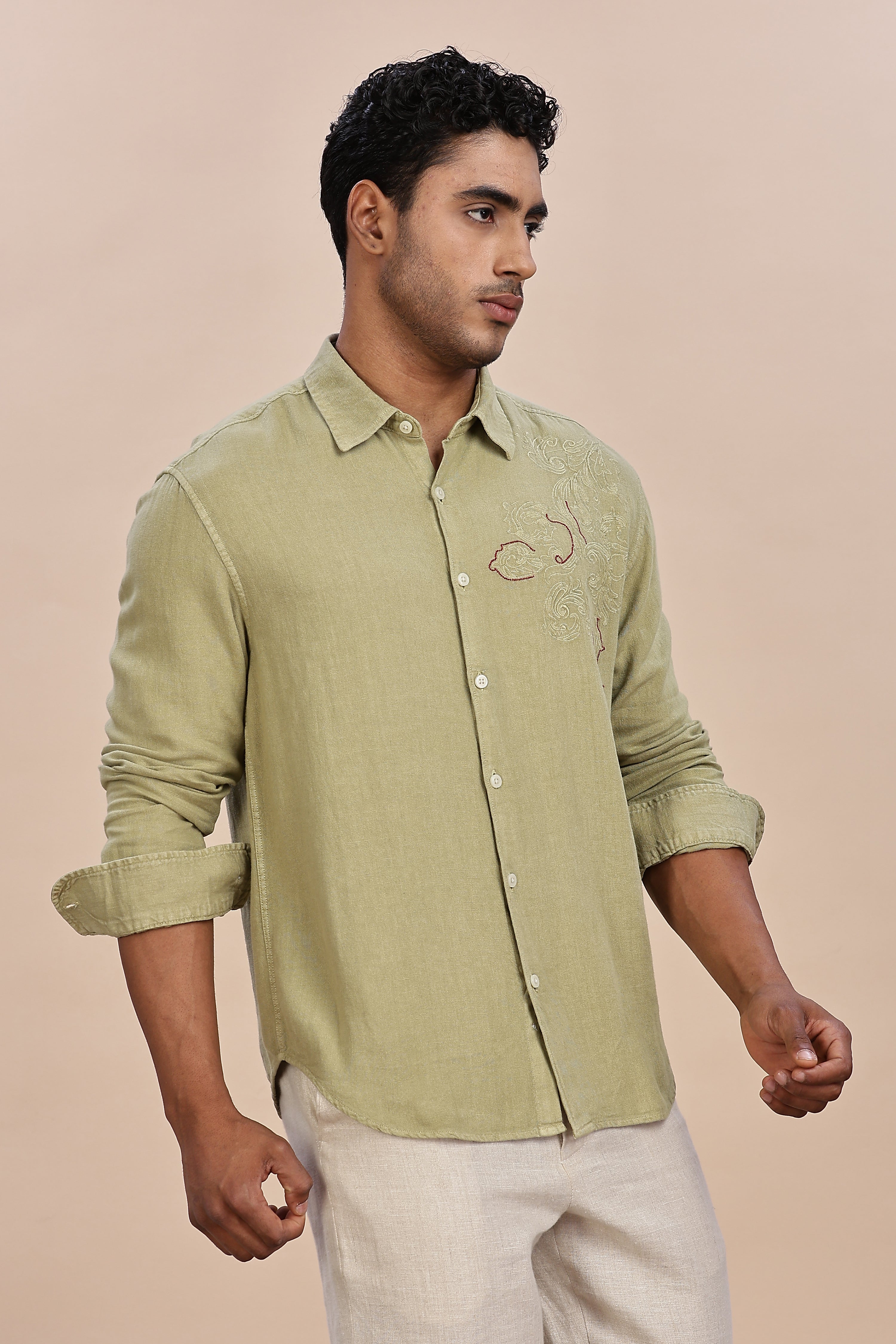 Handcrafted Linen Olive Shirt