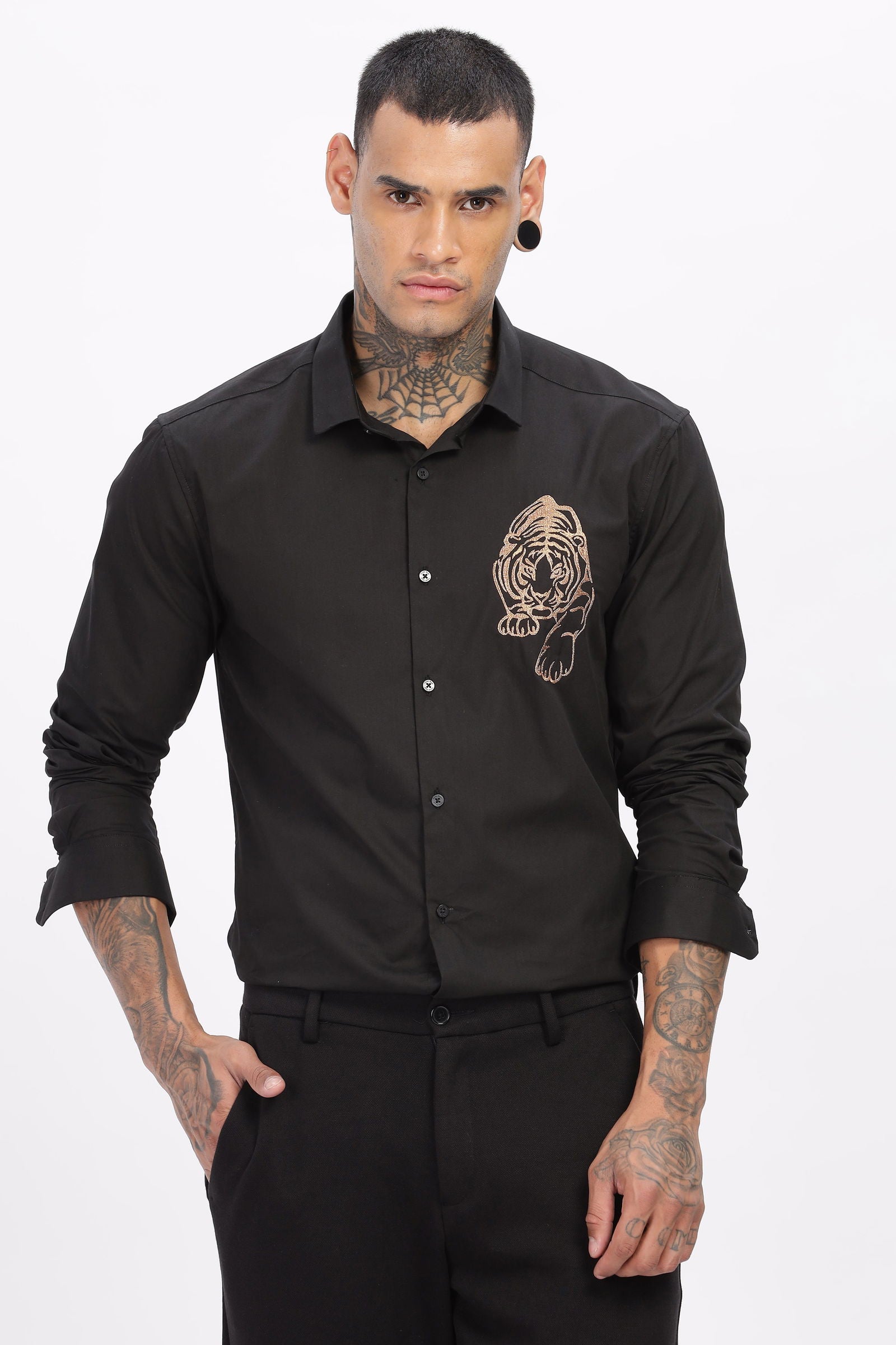 Luxe Tiger Embroidered Black Shirt - Three Days