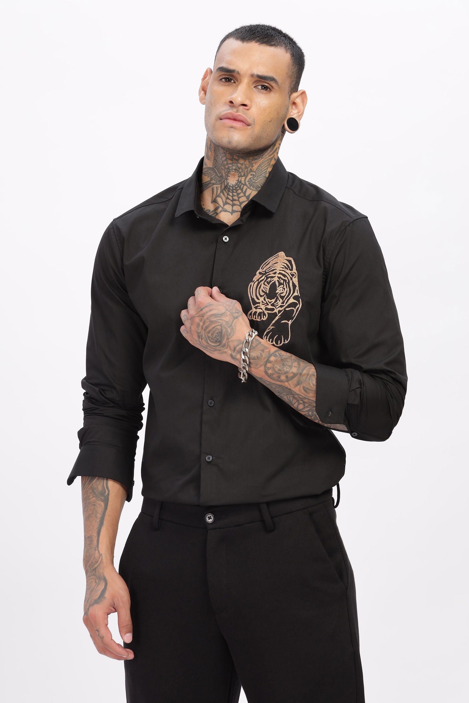 Luxe Tiger Embroidered Black Shirt - Three Days