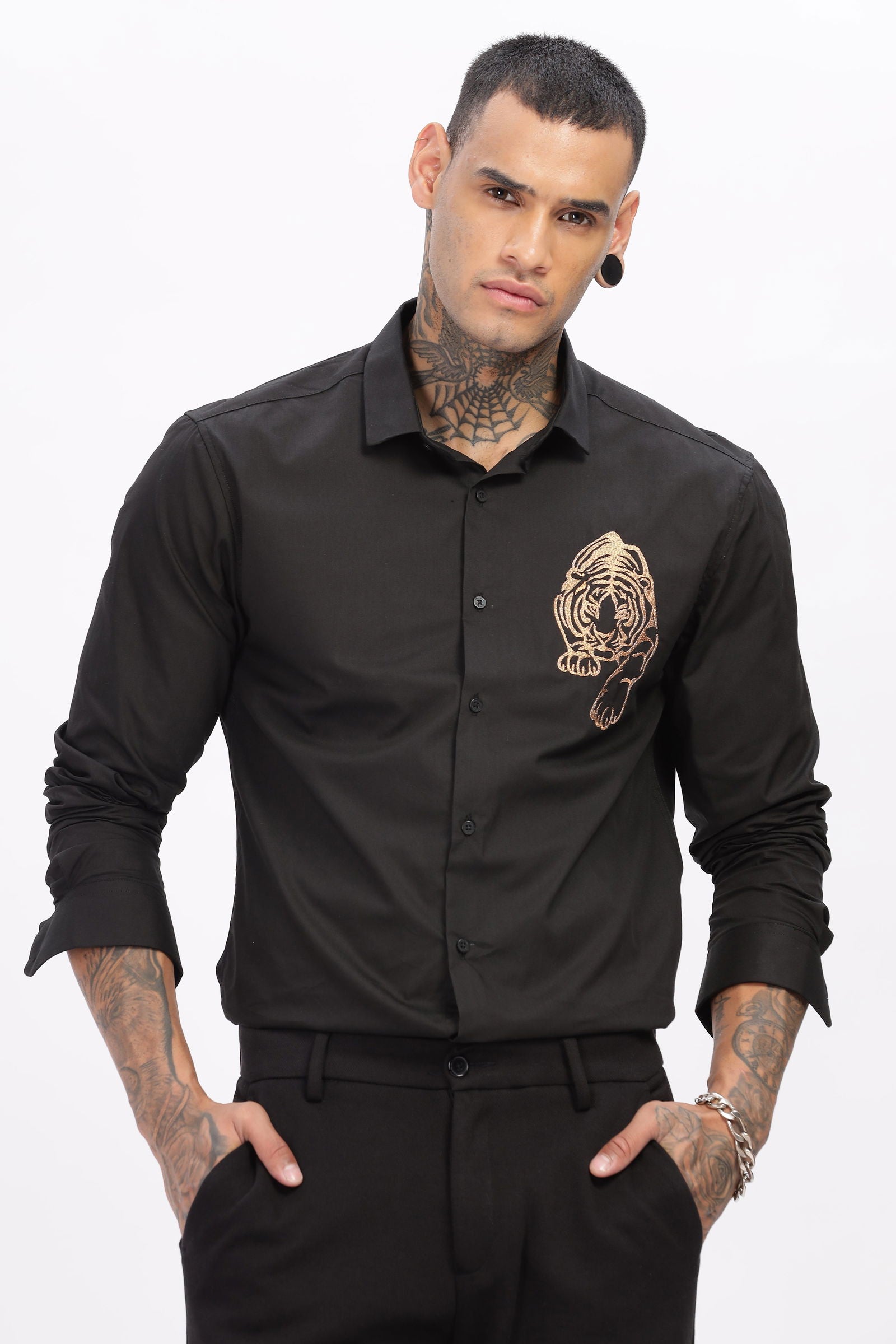 Luxe Tiger Embroidered Black Shirt - Three Days