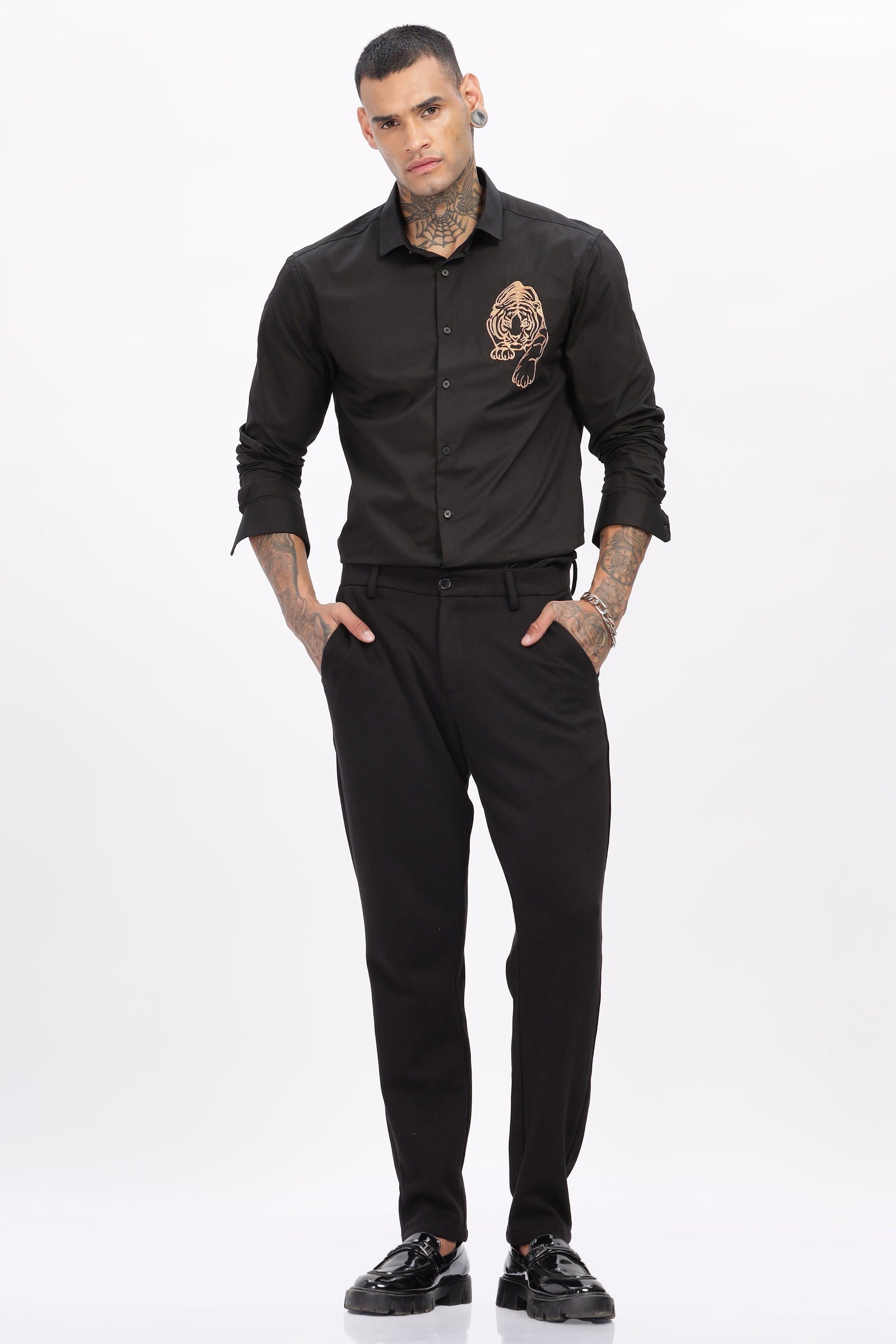 Luxe Tiger Embroidered Black Shirt - Three Days