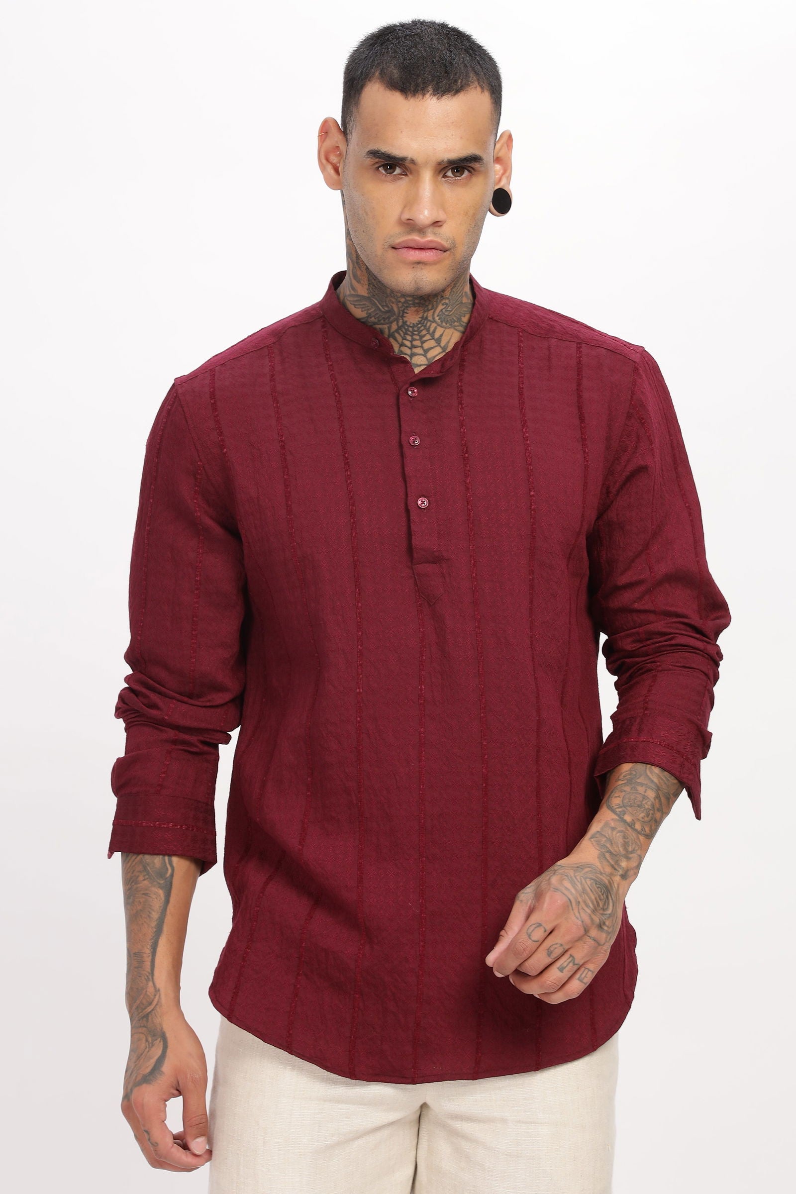 Textured Mandarin Collar Maroon Shirt - Three Days