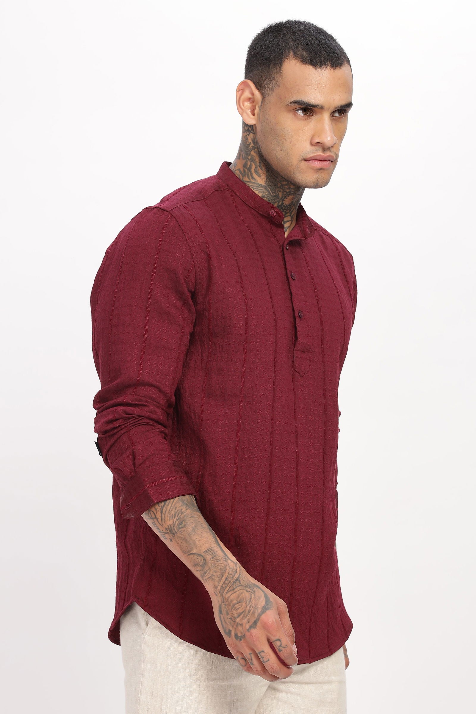 Textured Mandarin Collar Maroon Shirt - Three Days