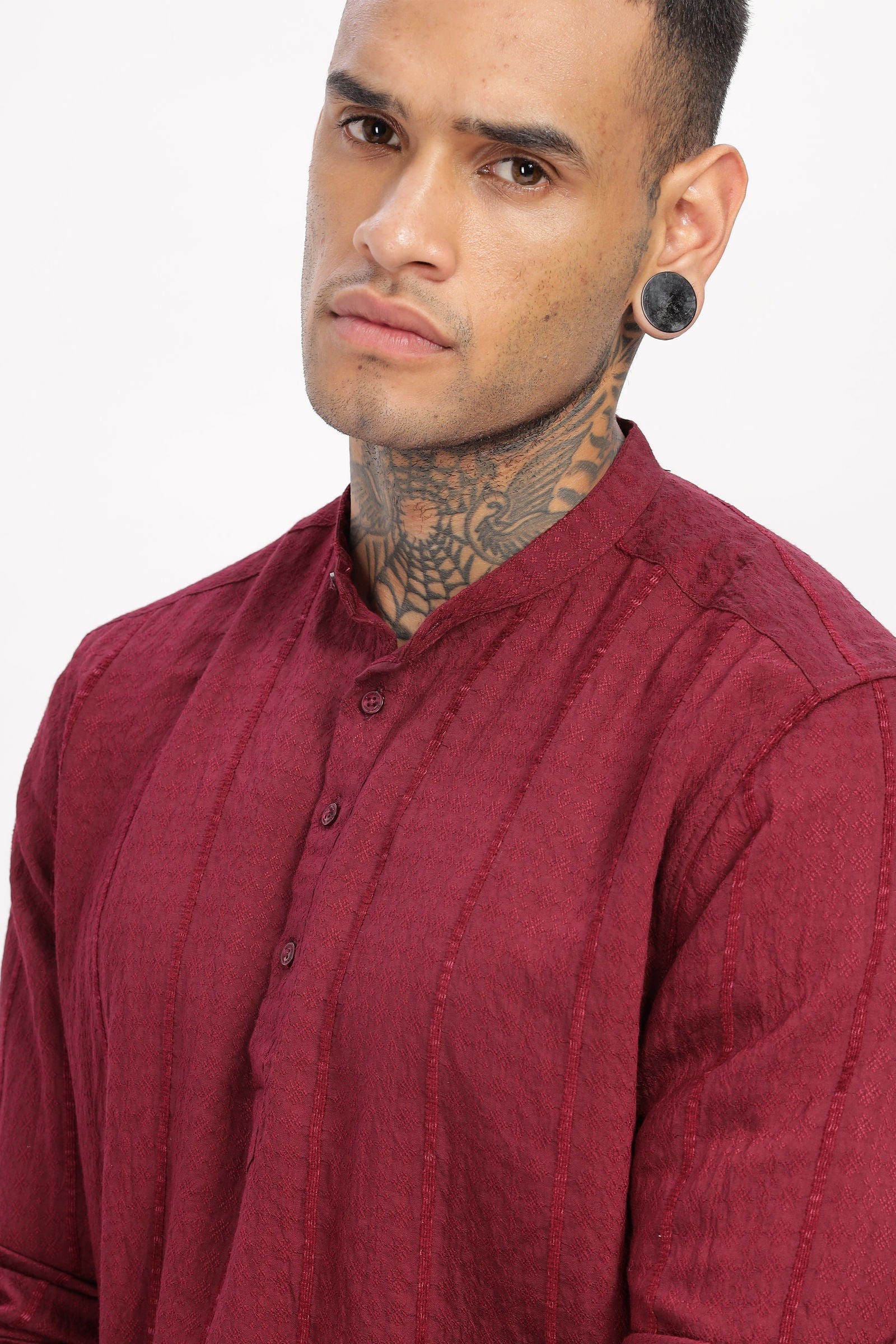 Textured Mandarin Collar Maroon Shirt - Three Days