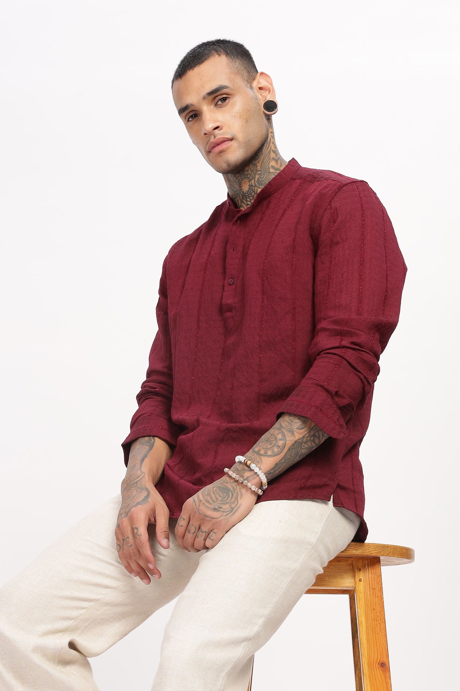 Textured Mandarin Collar Maroon Shirt - Three Days