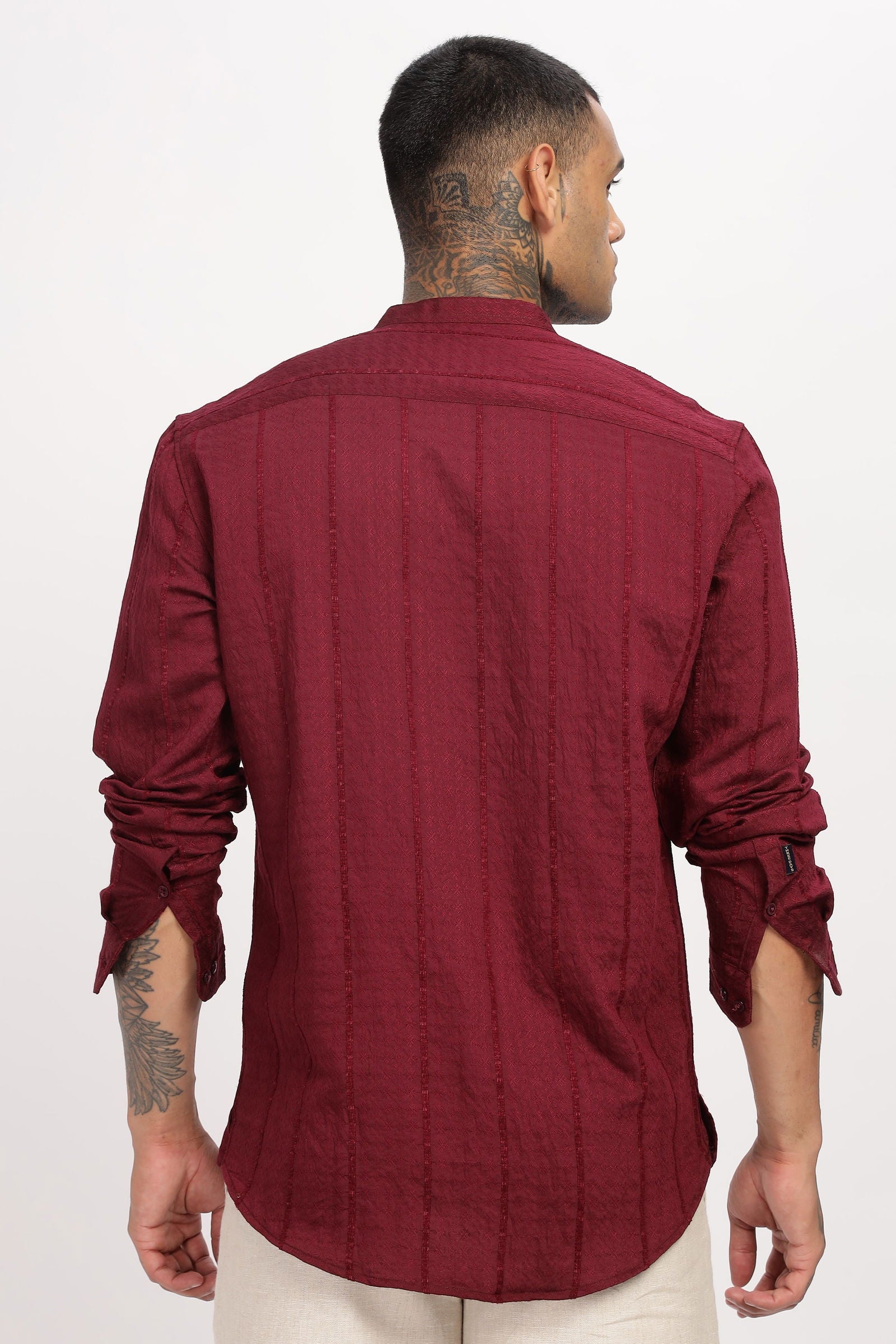 Textured Mandarin Collar Maroon Shirt - Three Days