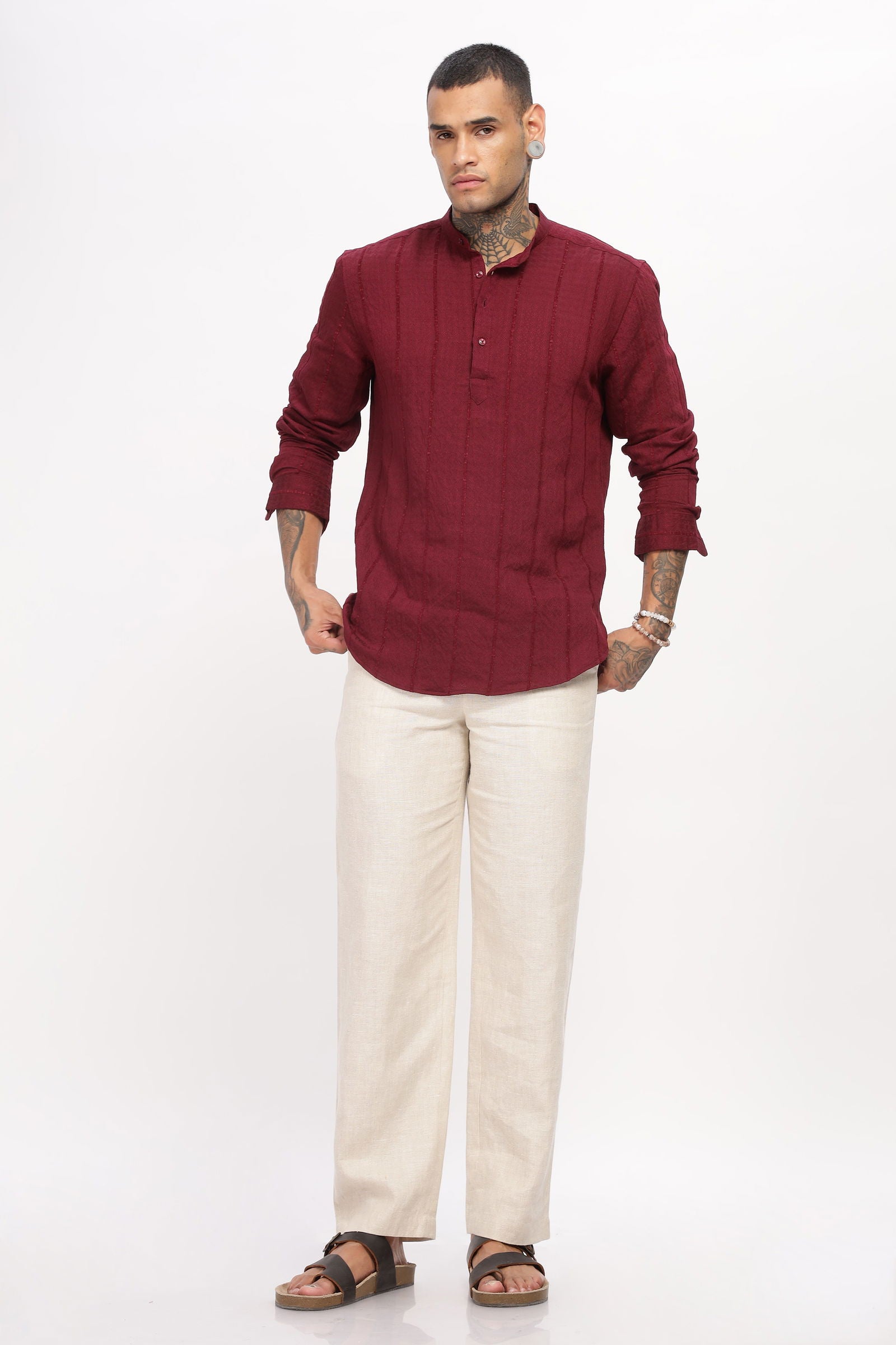 Textured Mandarin Collar Maroon Shirt - Three Days